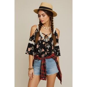 Boho Floral Cold Shoulder Top Womens‎ L Crochet Festival Going Out Blouse Hippie